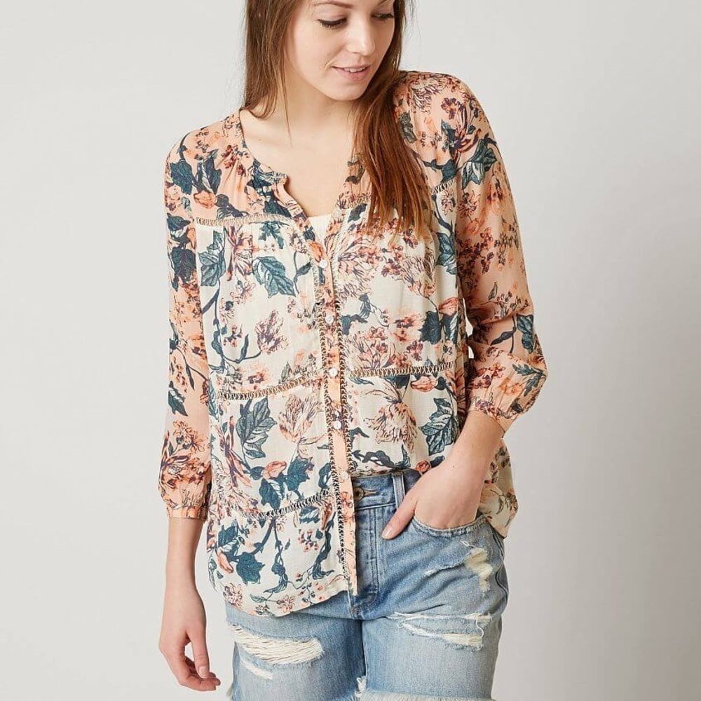 Lucky Brand Peach Floral Cut-Out Sheer Blouse